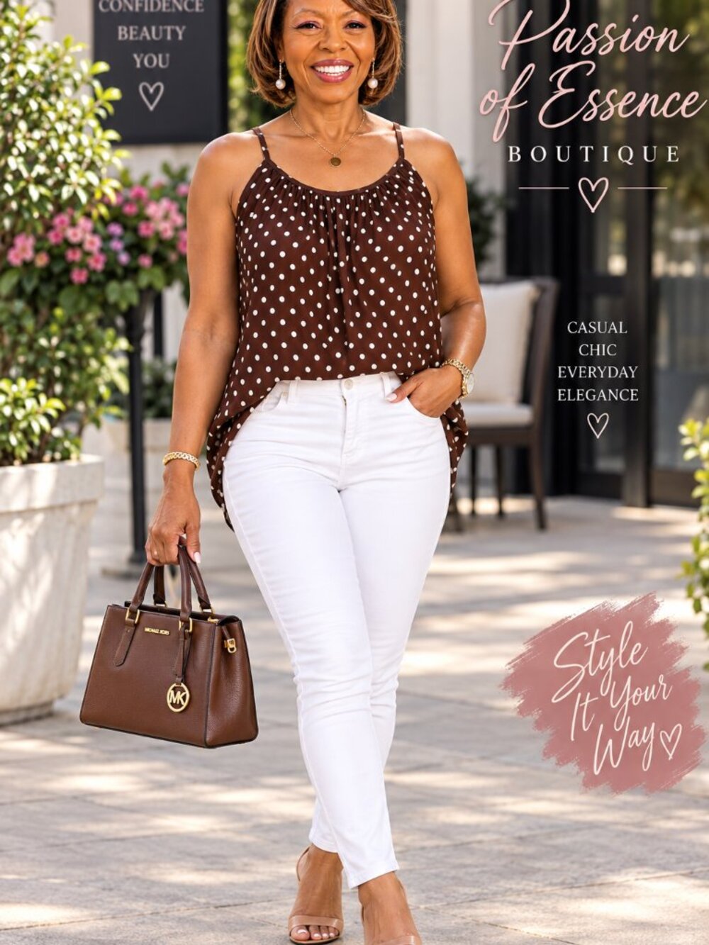 Brown Polka Dot Cami Top Sleeveless Spaghetti Strap Blouse S